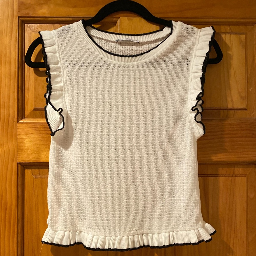 Zara White Sleeveless Pointelle Knit Top with Black Trim Medium